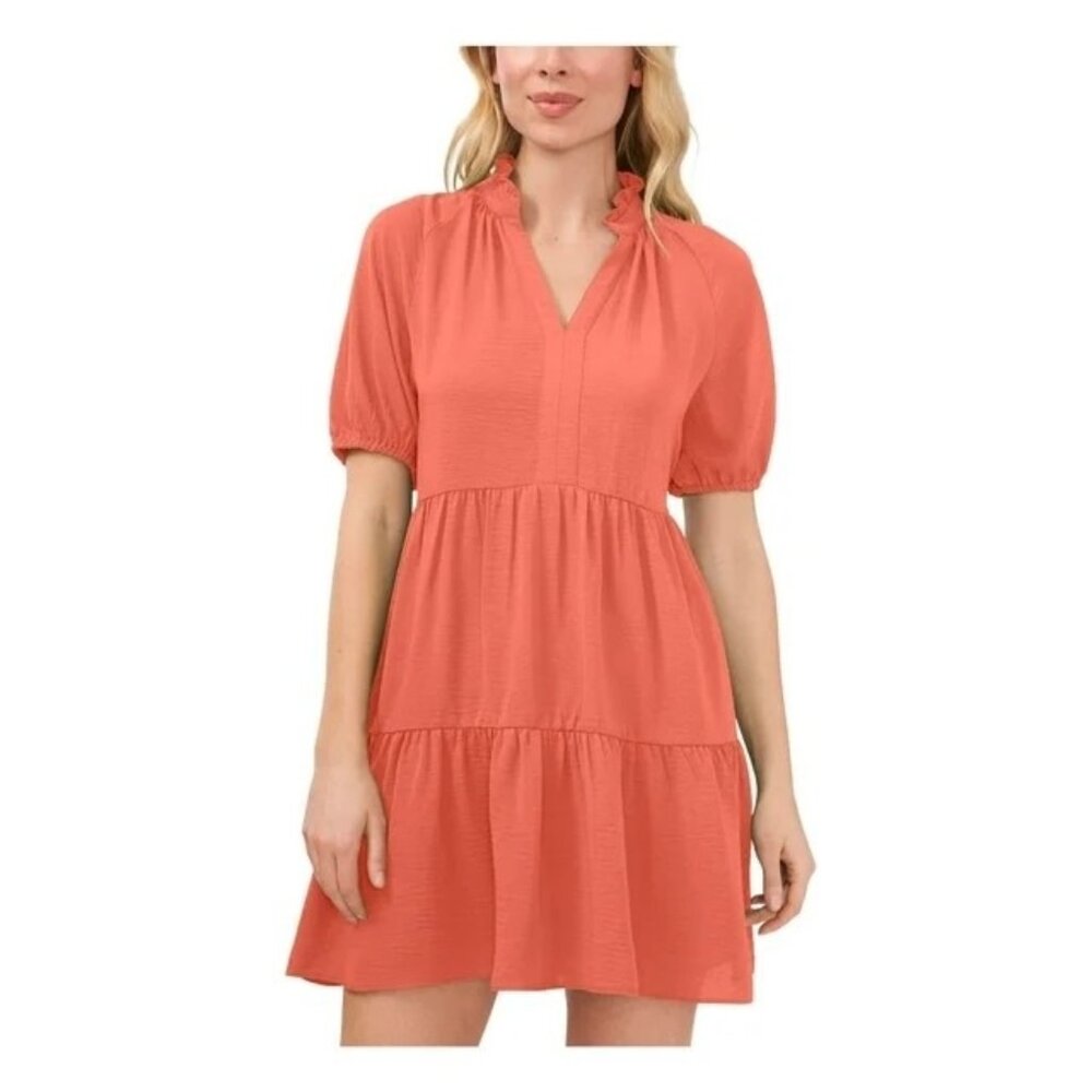 CECE Women's Ruffled Pouf Sleeve V Neck Short Dress Coral NWT